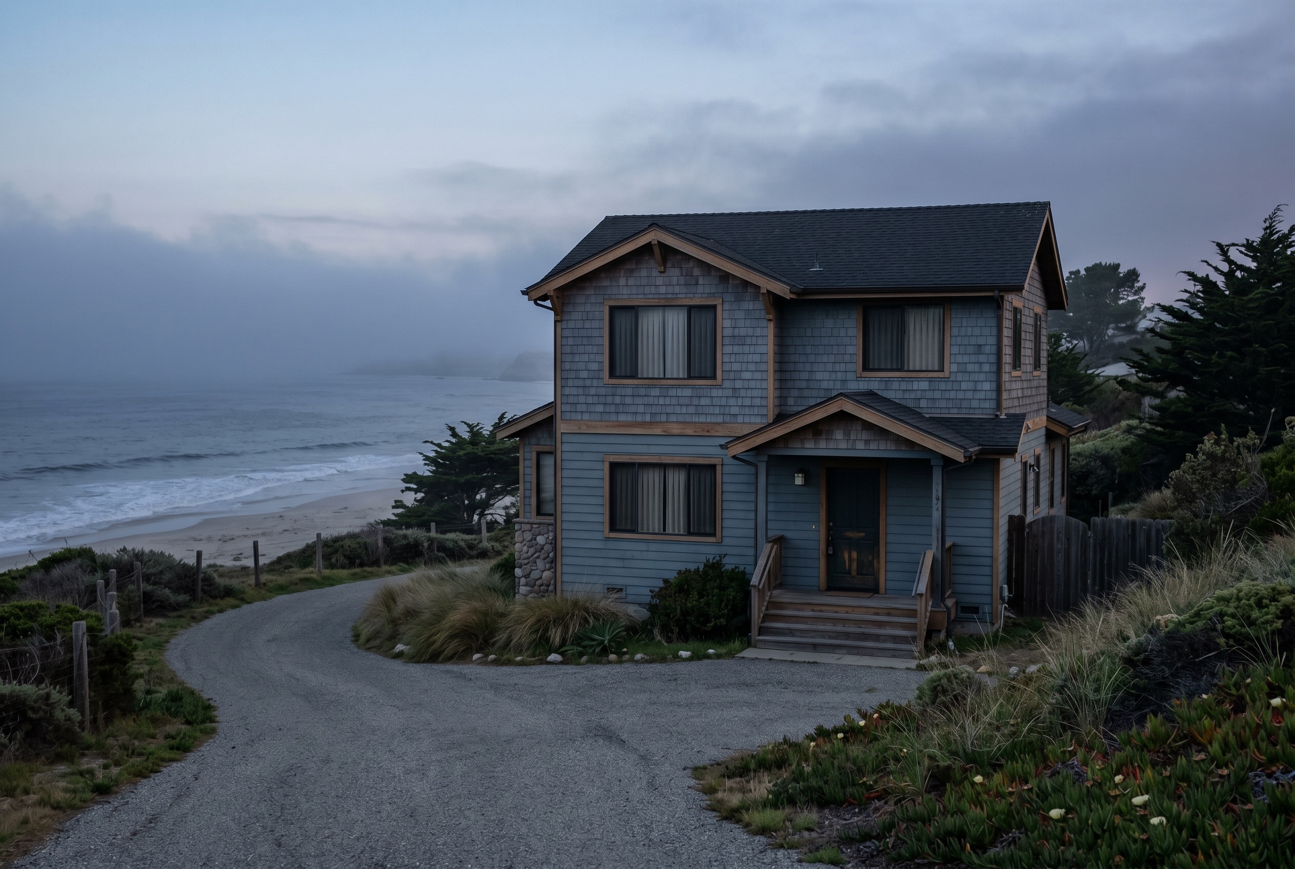 Dusk view of a coastal Santa Cruz home