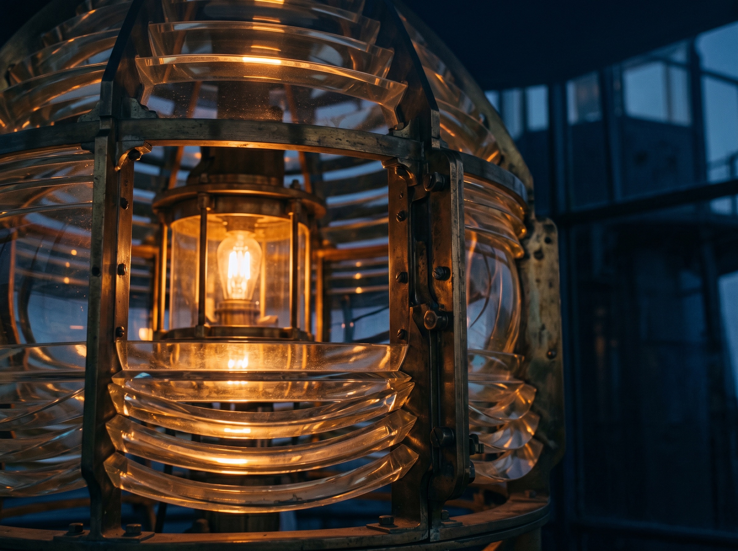 Lighthouse Fresnel lens lit with amber light